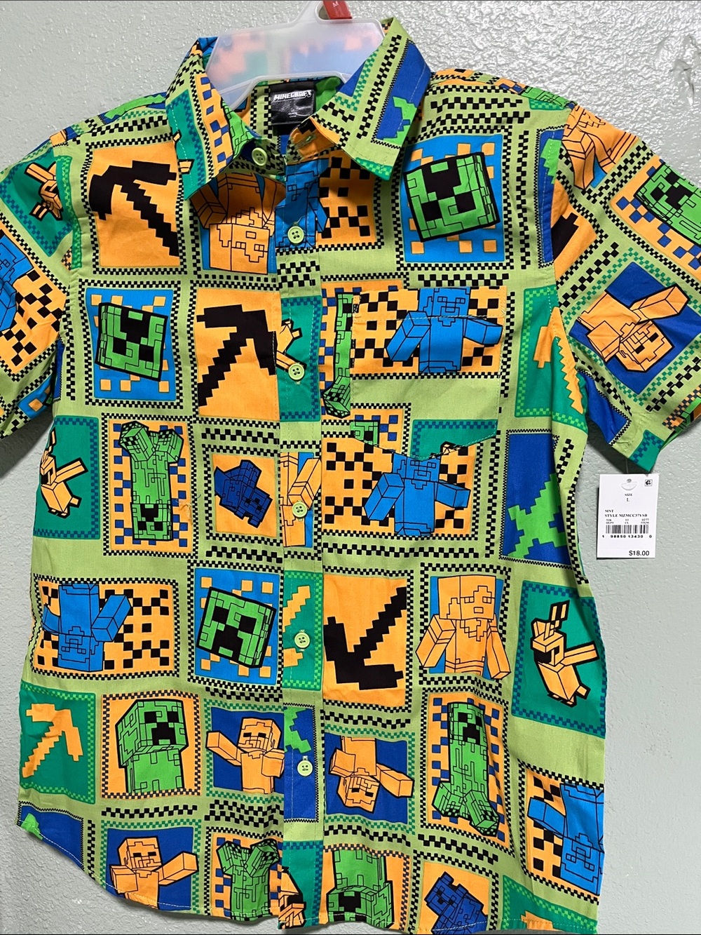 Minecraft-Inspired Kids Button-Down Shirt in Green/Blue/Orange